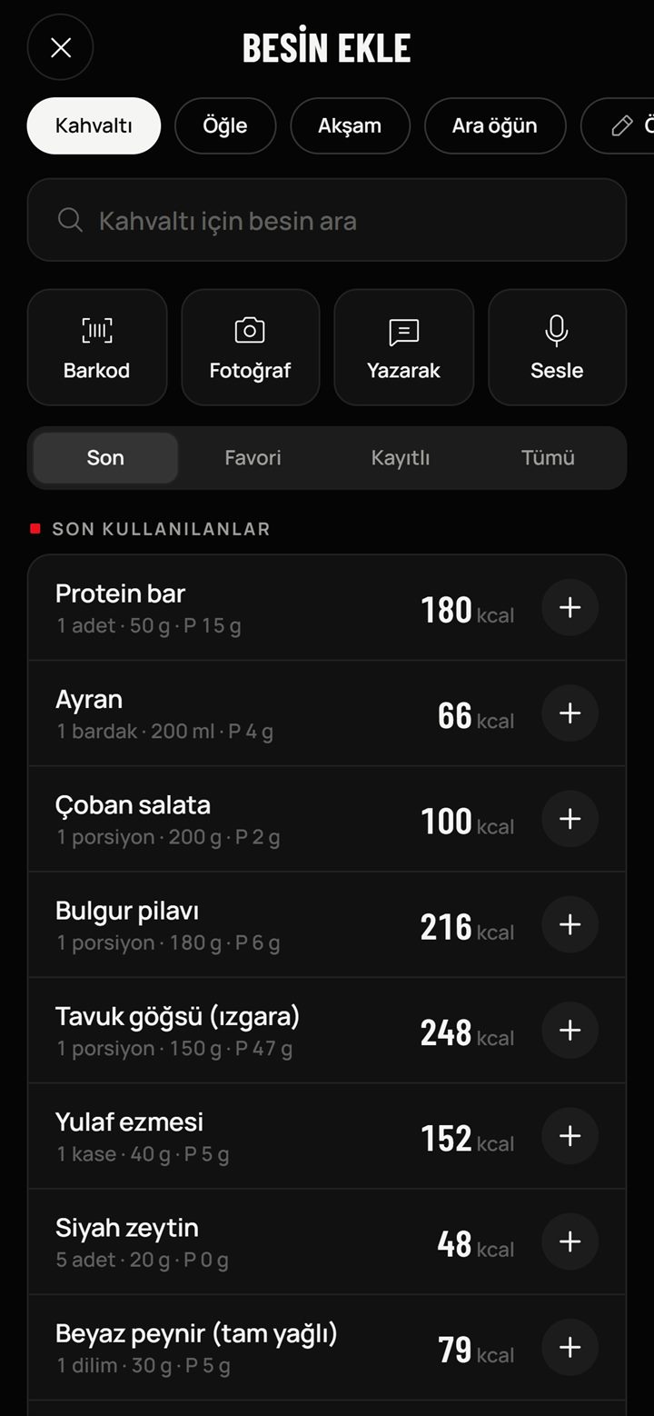Fitoria uygulaması — Yemek ekle ekranı