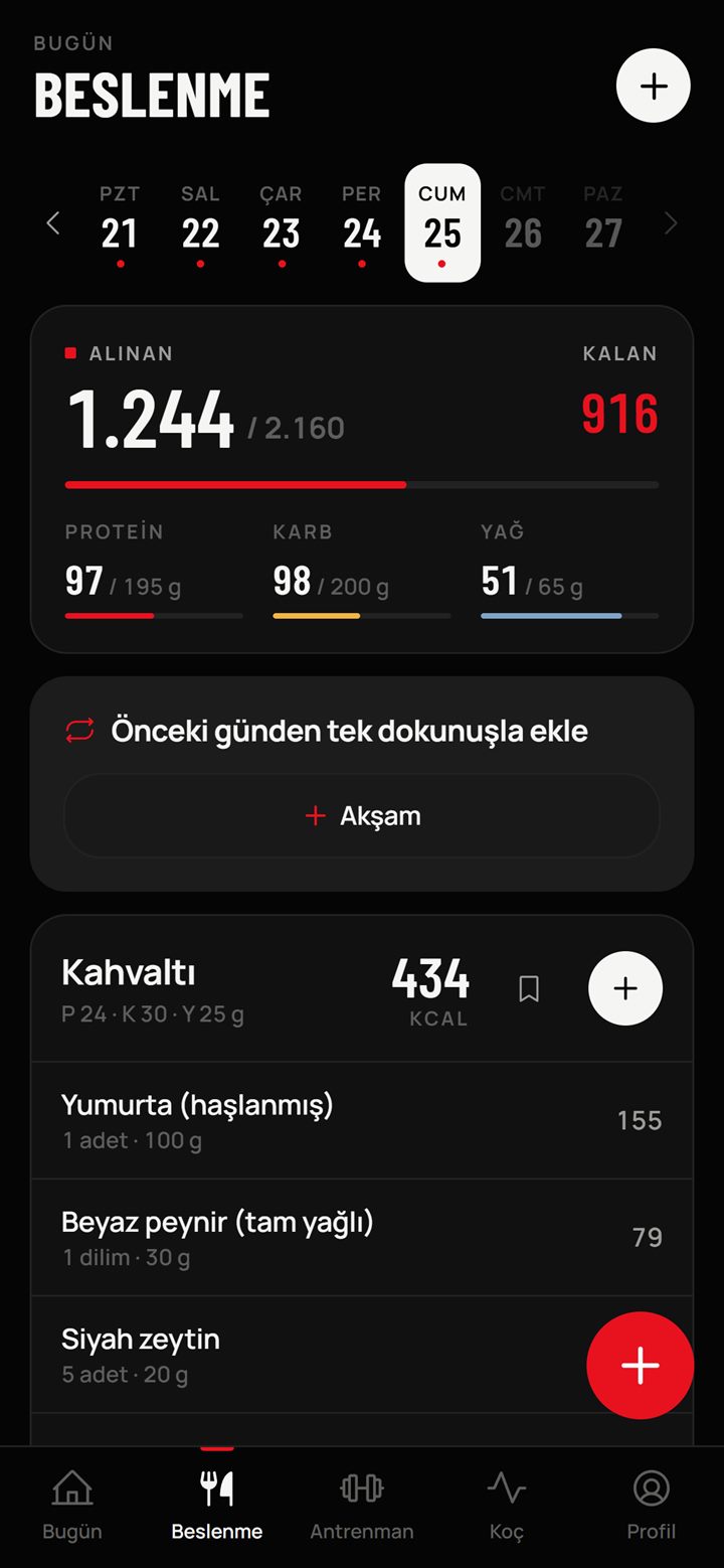 Fitoria uygulaması — Beslenme ekranı