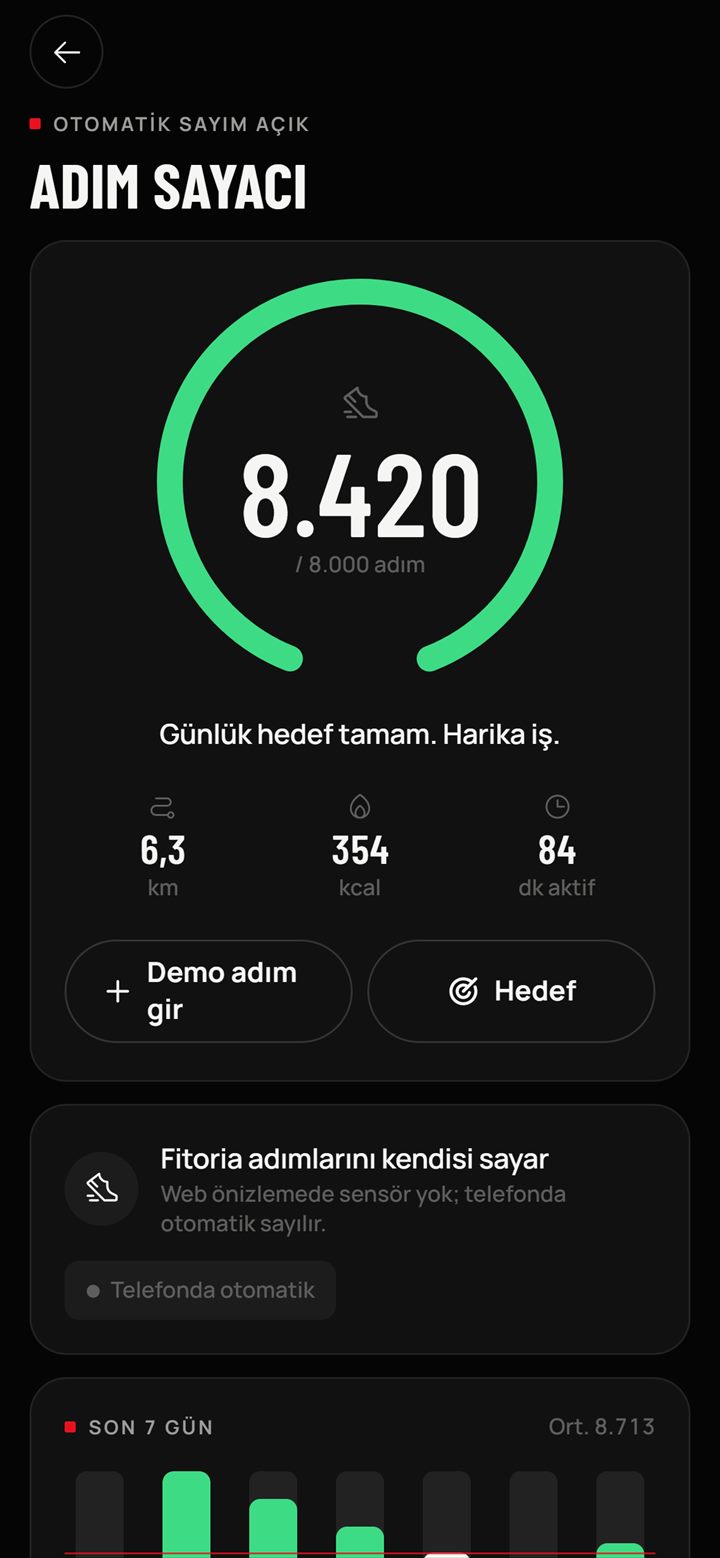 Fitoria uygulaması — Adımlar ekranı