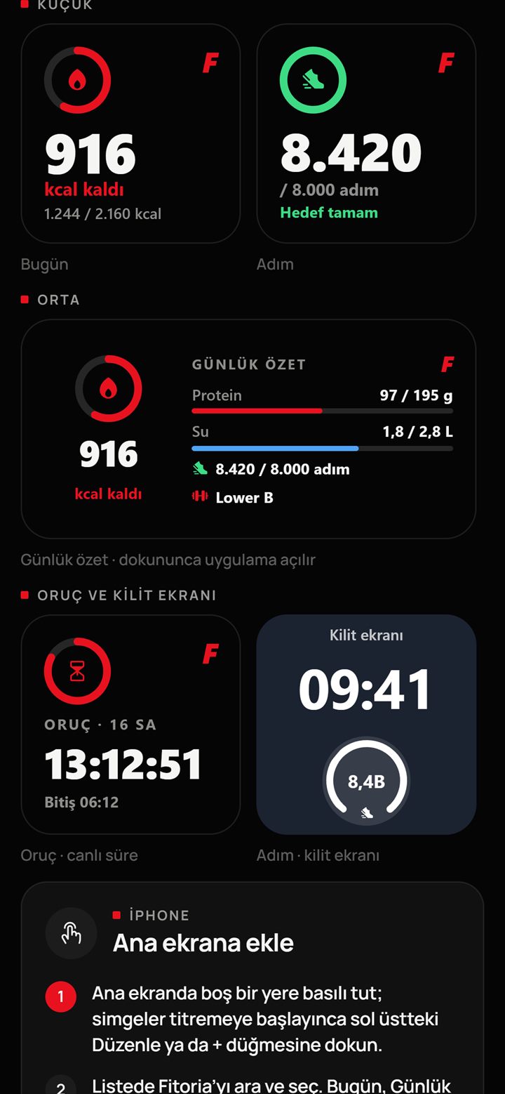 Fitoria uygulaması — Widget’lar ekranı